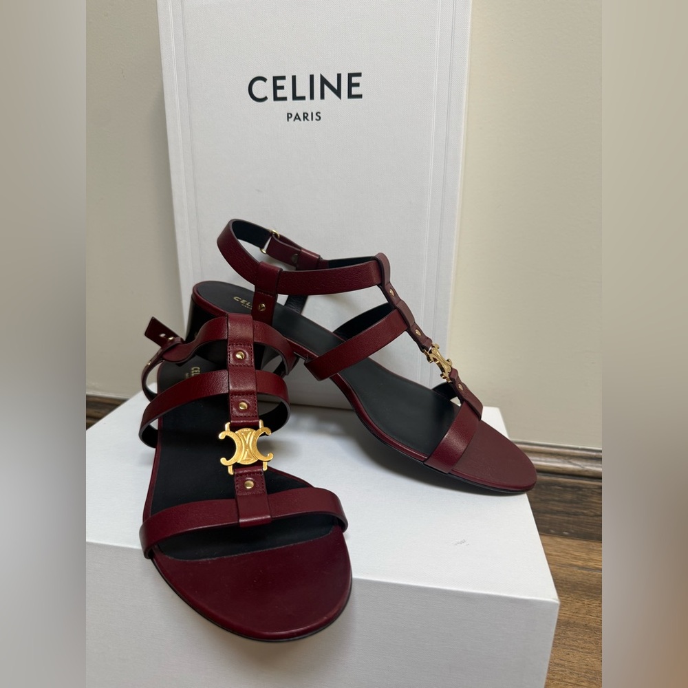 New in box CELINE Sandals shoes Euro 40 US 10 gold hardware burgundy